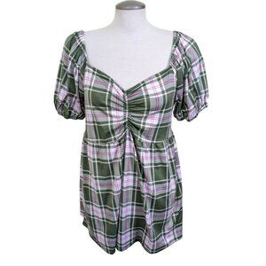 Womens Plaid Babydoll Top Size XL Sage Green Puff Sleeve Ruched Peasant Smocked